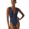 Carmen Marc Valvo Deep Plunge Ruched One Piece Swimsuit - Solids -Beach Fit Fashion C2A476 406 R