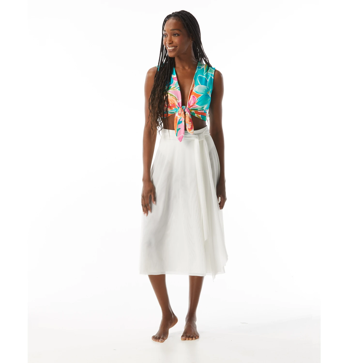 Carmen Marc Valvo Cap Sleeve Tie Front Crop Top - Flower Blooms 10 Carmen Marc Valvo Cap Sleeve Tie Front Crop Top - Flower Blooms - Image 8