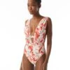 Carmen Marc Valvo Deep Plunge Ruched One Piece Swimsuit - Tiger Lily -Beach Fit Fashion C3M476 603 R