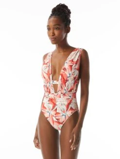 Carmen Marc Valvo Deep Plunge Ruched One Piece Swimsuit - Tiger Lily