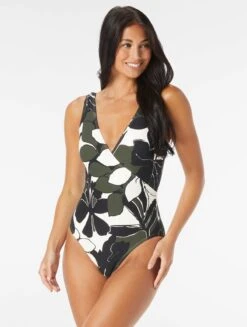 Carmen Marc Valvo V-Neck Surplice One Piece Swimsuit - Wild Plumeria