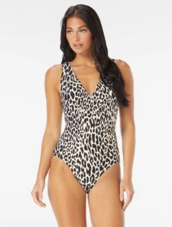 Carmen Marc Valvo V-Neck Surplice One Piece Swimsuit - Foil Jungle Cheetah