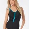 Gabar Chlorine Resistant Shirred Zip One Piece Swimsuit - Color Blocked Solids -Beach Fit Fashion G7A257 018