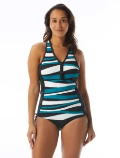 Beach House Swim Erinna Racerback Zipper Front Tankini Top - Wave Pool Stripe