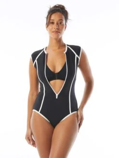 Beach House Sport Endurance Zip Front One Piece Swimsuit - Piping -Beach Fit Fashion H22718 001 alt02 R