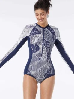 Beach House Sport Sculpt Long Sleeve Zip Front One Piece Swimsuit - Paradise Palm -Beach Fit Fashion H38954 511 alt02