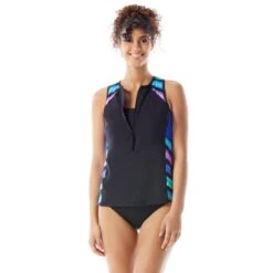 Beach House Sport Racer Zip Front Tankini Top - Sunset & Stripes