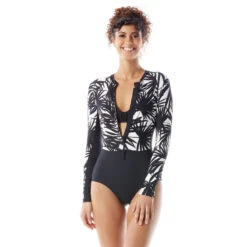 Beach House Sport Sculpt Long Sleeve Zip Front One Piece Swimsuit - Seaside Palm