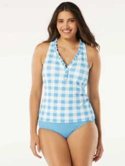 Beach House Swim Nina Ruffled Trim Tankini Top - Summer Gingham
