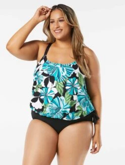 Beach House Swim Plus Size Sarah Side Tie Blouson Tankini Top - Deco Garden -Beach Fit Fashion HW06012 001 R