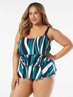 Beach House Swim Plus Size Jane Ruffle Tiered Tankini Top - Wave Pool Stripe -Beach Fit Fashion HW08096 001 R
