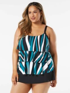 Beach House Swim Plus Size Jane Ruffle Tiered Tankini Top - Wave Pool Stripe -Beach Fit Fashion HW08096 001 alt02 R