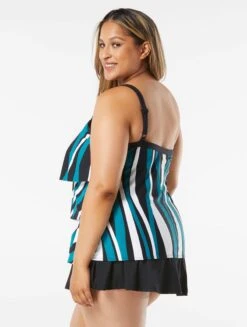 Beach House Swim Plus Size Jane Ruffle Tiered Tankini Top - Wave Pool Stripe -Beach Fit Fashion HW08096 001 alt03 R