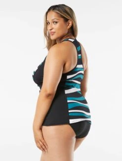Beach House Swim Plus SIze Erinna Racerback Zipper Front Tankini Top - Wave Pool Stripe -Beach Fit Fashion HW08266 001 alt01 R
