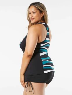 Beach House Swim Plus SIze Erinna Racerback Zipper Front Tankini Top - Wave Pool Stripe -Beach Fit Fashion HW08266 001 alt03 R