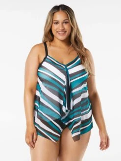 Beach House Swim Plus Size Kerry Mesh Layer Tankini Top - Wave Pool Stripe -Beach Fit Fashion HW08355 001 R