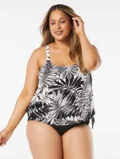 Beach House Swim Plus Size Sarah Side Tie Blouson Tankini Top - Abstract Palm -Beach Fit Fashion HW14012 001 R
