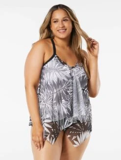 Beach House Swim Plus Size Kerry Mesh Layer Tankini Top - Abstract Palm -Beach Fit Fashion HW14355 001 R