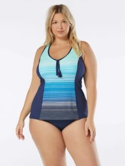 Beach House Swim Plus Size Erinna Racerback Zipper Front Tankini Top - Sunset Stripe