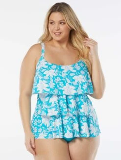 Beach House Swim Plus Size Jane Ruffle Tankini Top - Coastal Botanical