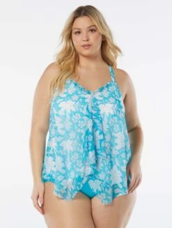 Beach House Swim Plus Size Kerry Mesh Layer Underwire Tankini Top - Coastal Botanical