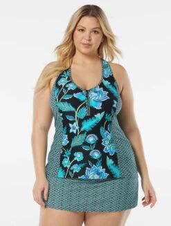 Beach House Swim Plus Size Erinna Racerback Zipper Front Tankini Top - Vineyard Floral -Beach Fit Fashion HW95266 001 alt02