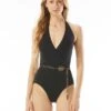 MICHAEL Michael Kors Surplice Halter One Piece Swimsuit - Signature Solids -Beach Fit Fashion MM1K653 001 R