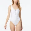 MICHAEL Michael Kors Zip Front One Piece Swimsuit - Foil Signature Logo