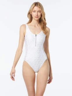 MICHAEL Michael Kors Zip Front One Piece Swimsuit - Foil Signature Logo