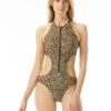 MICHAEL Michael Kors Zip Front Cut Out One Piece Swimsuit - Abstract Animal -Beach Fit Fashion MM3K466 261 R
