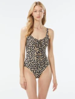 MICHAEL Michael Kors Lace Up One Piece Swimsuit - Graphic Cheetah