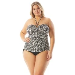 MICHAEL Michael Kors Plus Size Logo Ring Shirred Tankini Top - Leopard
