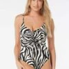 Vince Camuto Cinch Front V-Neck One Piece Swimsuit - Optic Zebra 1 Vince Camuto Cinch Front V-Neck One Piece Swimsuit - Optic Zebra -Beach Fit Fashion V23731 001