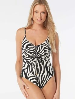 Vince Camuto Cinch Front V-Neck One Piece Swimsuit - Optic Zebra