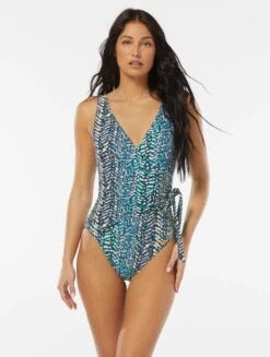 Vince Camuto Surplice Wrap Tie One Piece Swimsuit - Abstract Animal