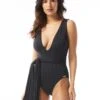Vince Camuto Plunge V-Neck One Piece Swimsuit - Ripple Effect -Beach Fit Fashion V69653 001 R