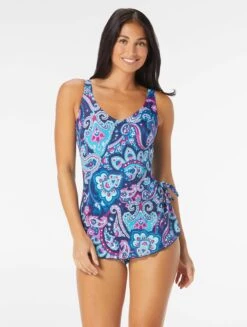 Roxanne Bra Sized V-Neck Sarong One Piece Swimsuit - Royal Paisley
