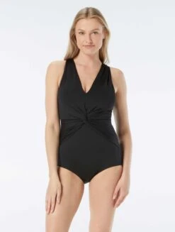 Gabar Chlorine Resistant Draped Twist V-Neck One Piece Swimsuit - Solids