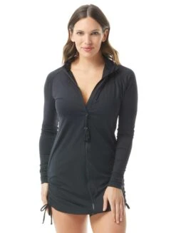 Beach House Sport Interval Long Sleeve Side Tie Zip Front Cover Up - Beach Solids