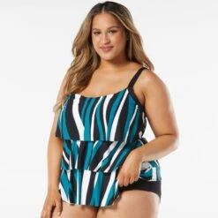 Beach House Swim Plus Size Jane Ruffle Tiered Tankini Top - Wave Pool Stripe -Beach Fit Fashion hw08096 001 alt04 1