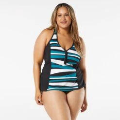 Beach House Swim Plus SIze Erinna Racerback Zipper Front Tankini Top - Wave Pool Stripe