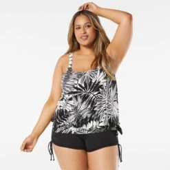 Beach House Swim Plus Size Sarah Side Tie Blouson Tankini Top - Abstract Palm -Beach Fit Fashion hw14012 001 alt02